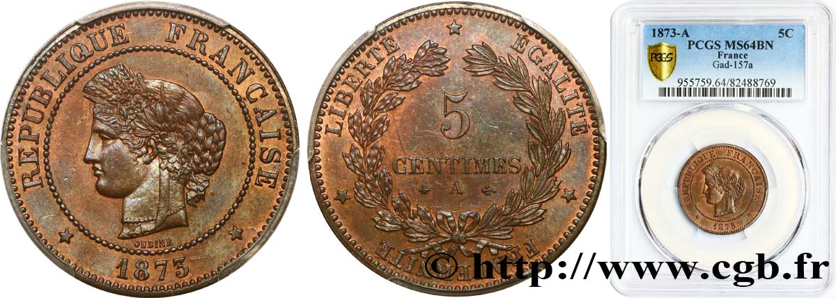 5 centimes Cérès 1873 Paris F.118/7 SPL64 PCGS