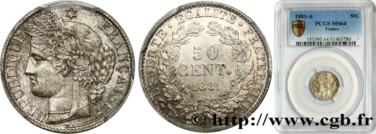 50 centimes Cérès, IIIe République 1881 Paris F.189/9 MS64 PCGS