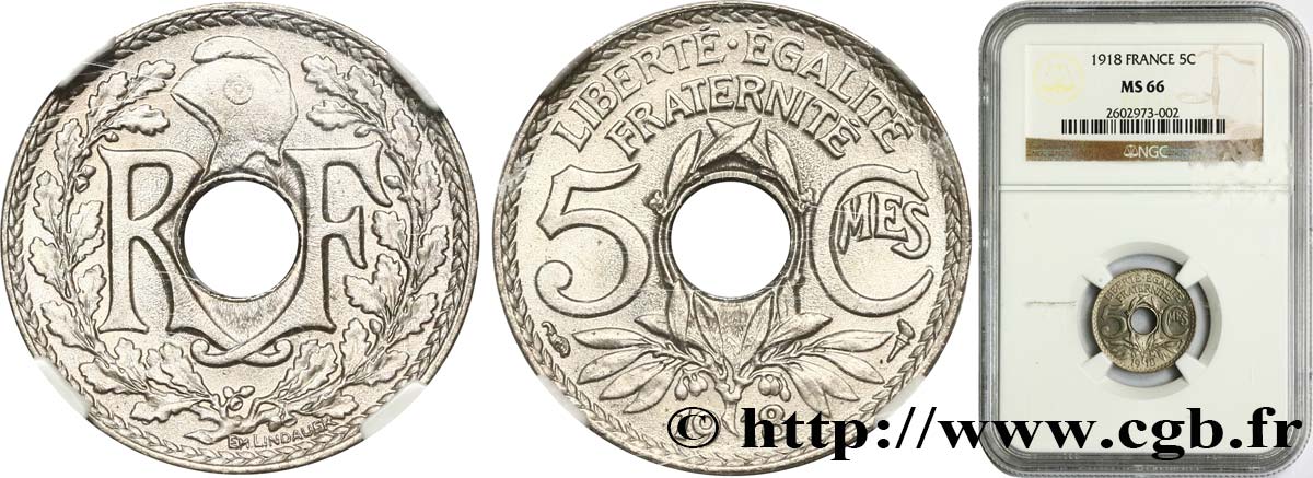5 centimes Lindauer, grand module 1918 Paris F.121/2 ST66 NGC