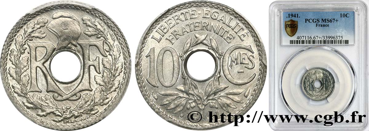 10 centimes Lindauer en zinc, Cmes souligné et millésime avec points 1941  F.140/2 MS67 PCGS