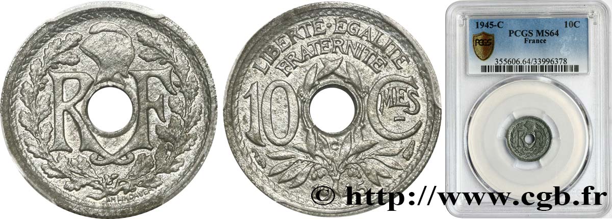 10 centimes Lindauer, petit module  1945 Castelsarrasin F.143/4 SPL64 PCGS