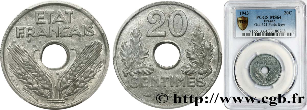 20 centimes État français, légère 1943  F.153A/1 MS64 PCGS