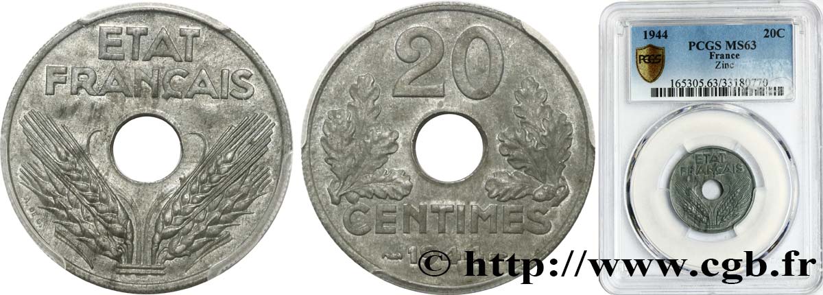 20 centimes État français 1944  F.153A/2 MS63 PCGS