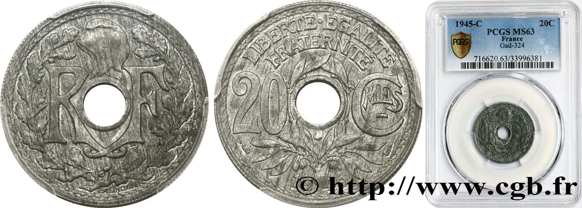 20 centimes Lindauer Zinc 1945 Castelsarrasin F.155/4 MS63 PCGS
