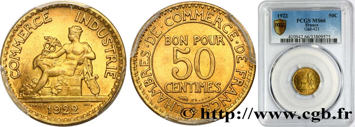 50 centimes Chambres de Commerce 1922 Paris F.191/4 MS66 PCGS