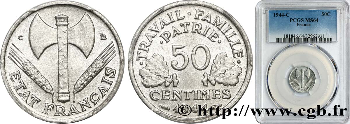 50 centimes Francisque, légère 1944 Castelsarrasin F.196/6 MS64 PCGS
