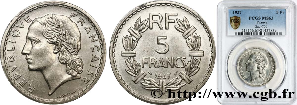 5 francs Lavrillier, nickel 1937  F.336/6 MS63 PCGS