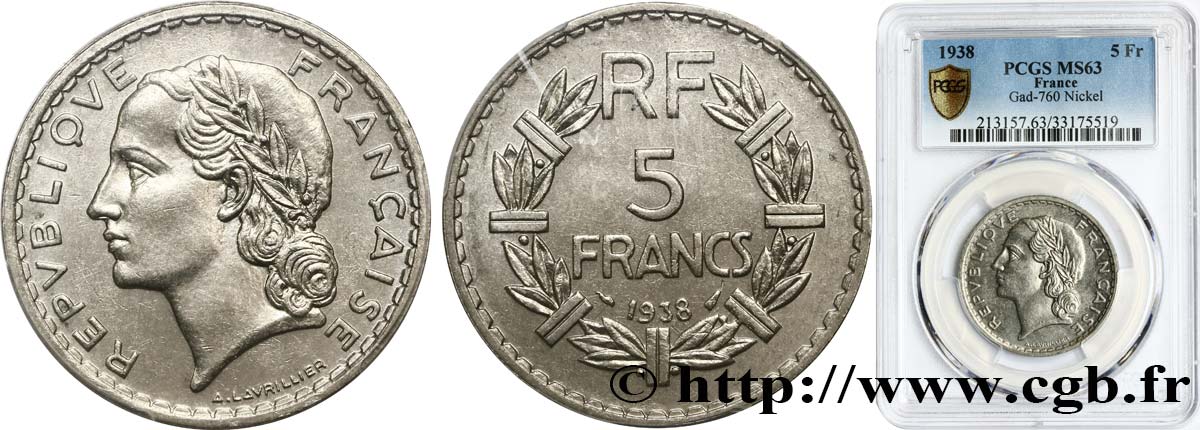 5 francs Lavrillier, nickel 1938  F.336/7 SPL63 PCGS
