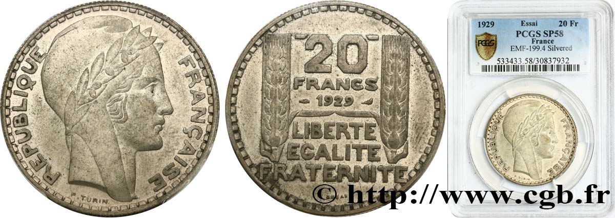 Essai de 20 francs Turin en bronze-aluminium argenté 1929 Paris GEM.199 4 VZ58 PCGS