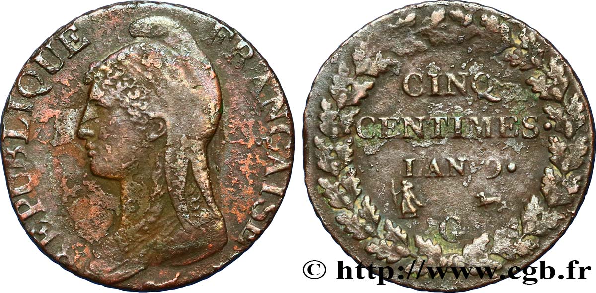 Cinq centimes Dupré, grand module, avers du décime 1801 Genève F.115/159 TB28 