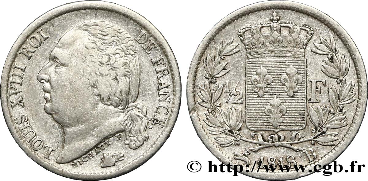 1/2 franc Louis XVIII 1818 Rouen F.179/16 MB35 