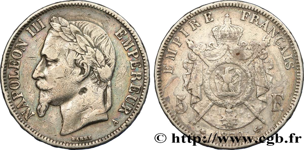5 francs Napoléon III, tête laurée 1870 Paris F.331/16 TB