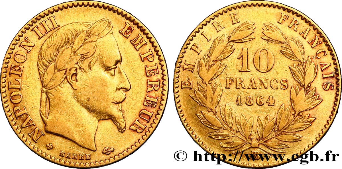 10 francs or Napoléon III, tête laurée 1864 Strasbourg F.507A/8 TB+ 