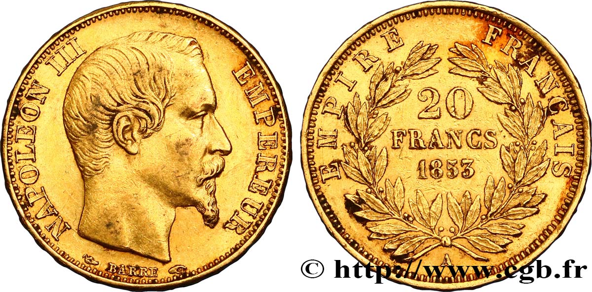 20 francs or Napoléon III, tête nue 1853 Paris F.531/1 TB35