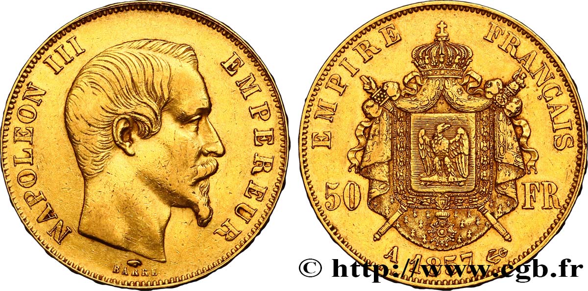 50 francs or Napoléon III, tête nue 1857 Paris F.547/4 XF40 