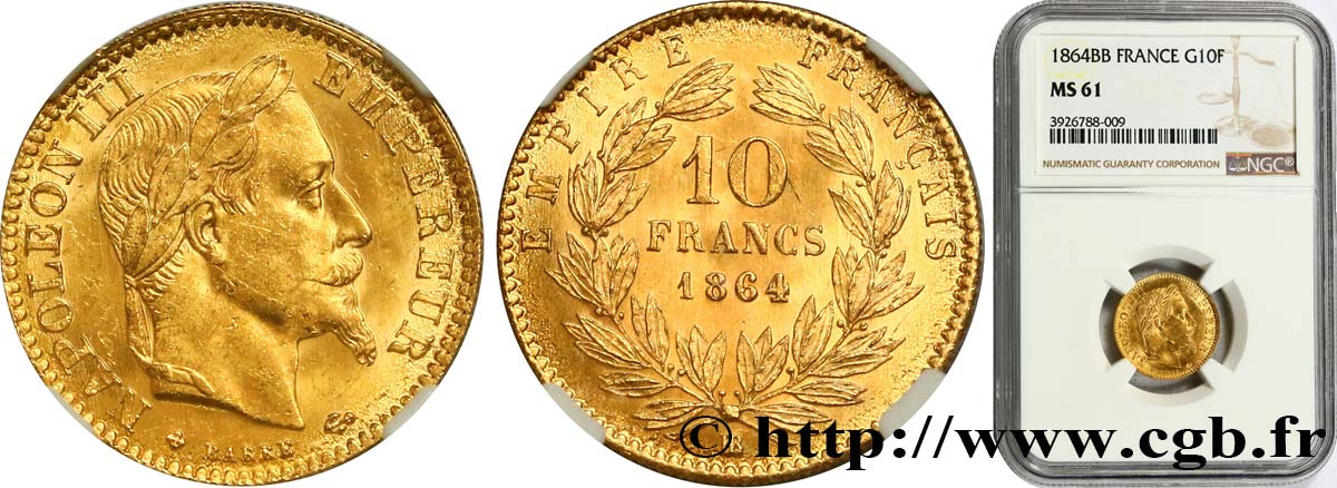 10 francs or Napoléon III, tête laurée 1864 Strasbourg F.507A/7 SUP61 NGC
