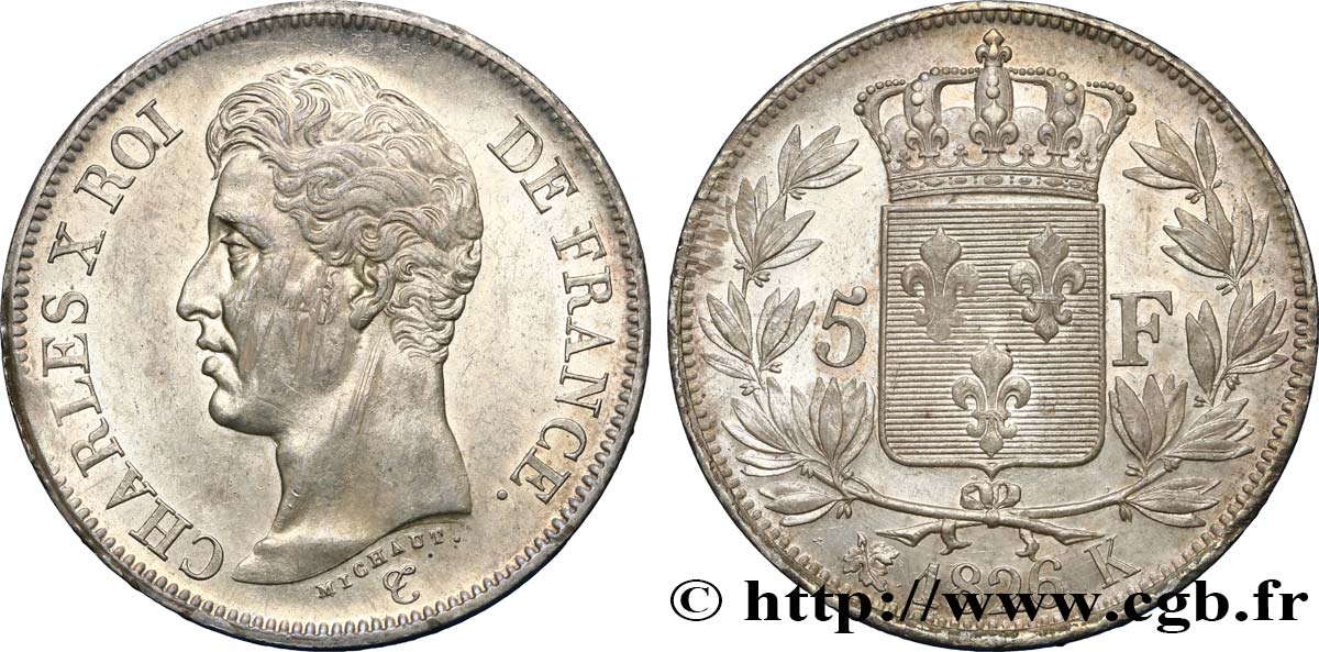 5 francs Charles X, 1er type 1826 Bordeaux F.310/21 AU55 