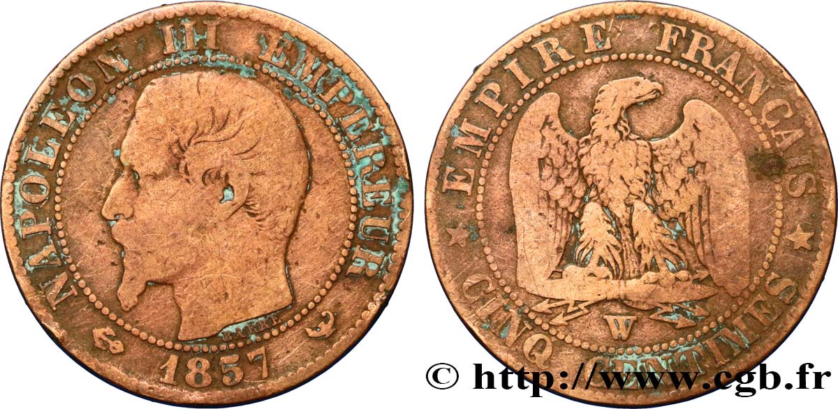 Cinq centimes Napoléon III, tête nue 1857 Lille F.116/43 VG10 
