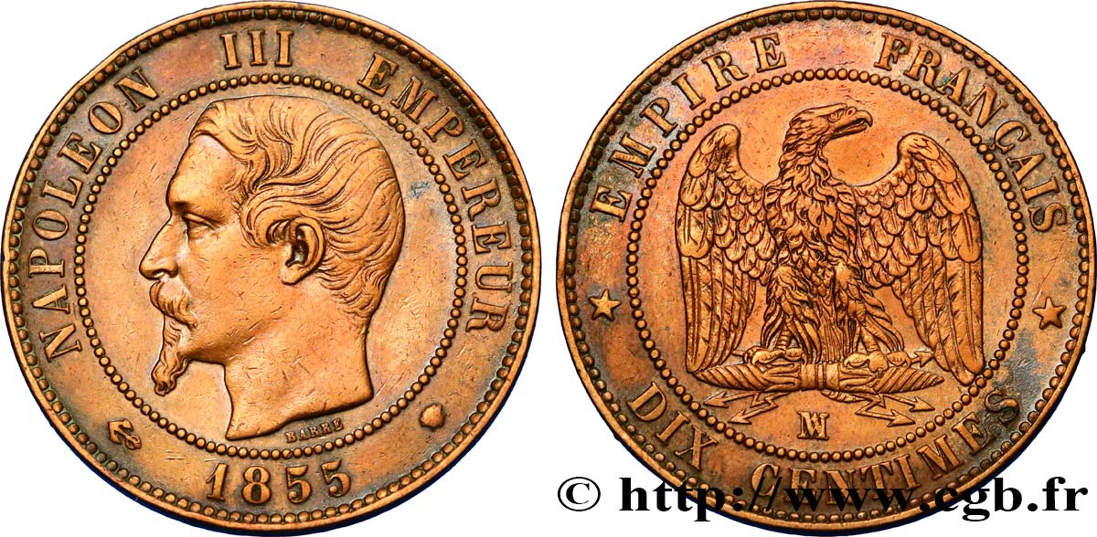 Dix centimes Napoléon III, tête nue 1855 Marseille F.133/31 AU52 
