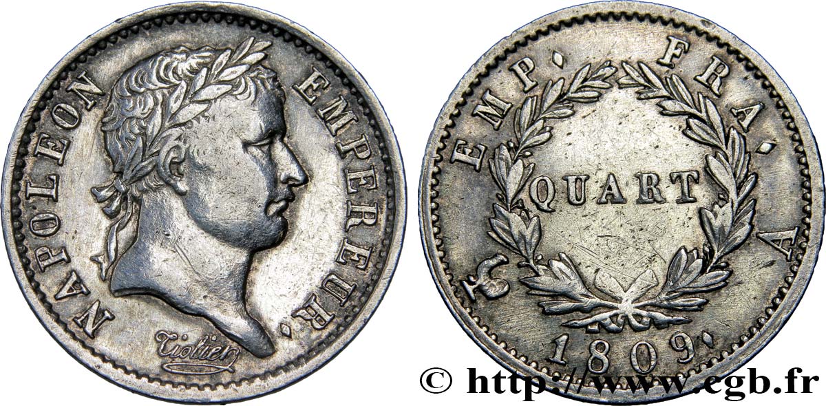 Quart (de franc) Napoléon Ier tête laurée, Empire français 1809 Paris F.162/1 TTB42 