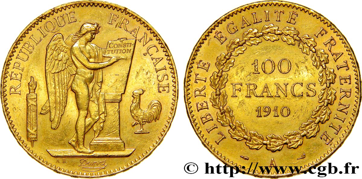 100 francs or Génie, tranche inscrite en relief Liberté Égalité Fraternité 1910 Paris F.553/4 TTB54 