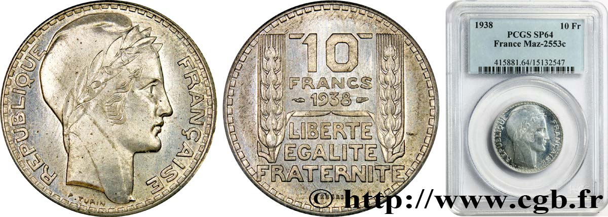 Préparation de la 10 francs Pétain, type Turin, essai en aluminium, tranche striée, lourd 1938 Paris GEM.173 4 MS64 PCGS