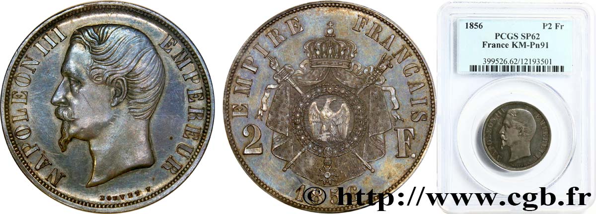 Essai de 2 francs Napoléon III, tête nue 1856  VG.3468  EBC62 PCGS