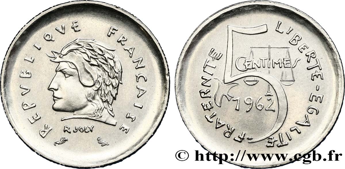5 centimes, premier projet de Joly 1962 Paris GEM.20 1 MS63 