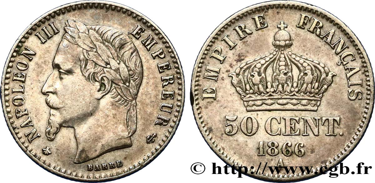 50 centimes Napoléon III, tête laurée 1866 Paris F.188/9 TTB48 