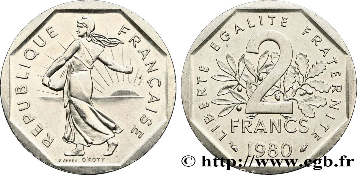 Piéfort argent de 2 francs Semeuse, nickel 1980 Pessac F.272/4P MS60 