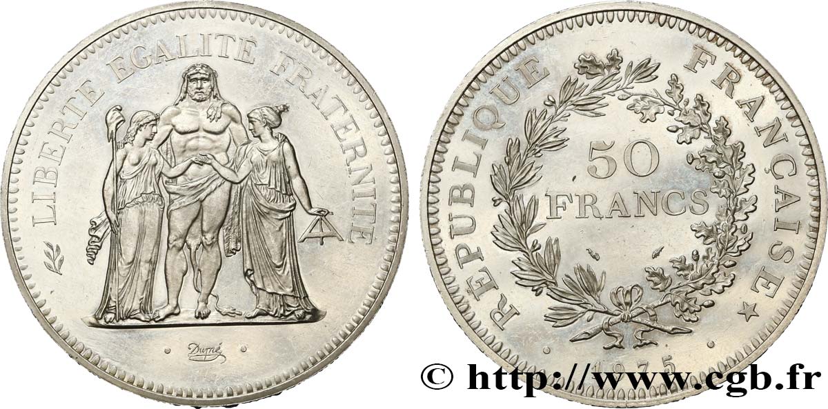 Piéfort argent de 50 francs Hercule 1975  F.427/3P AU58 