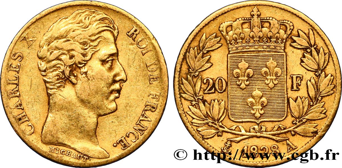 20 francs or Charles X, matrice du revers à quatre feuilles et demie 1828 Paris F.520/8 XF40 