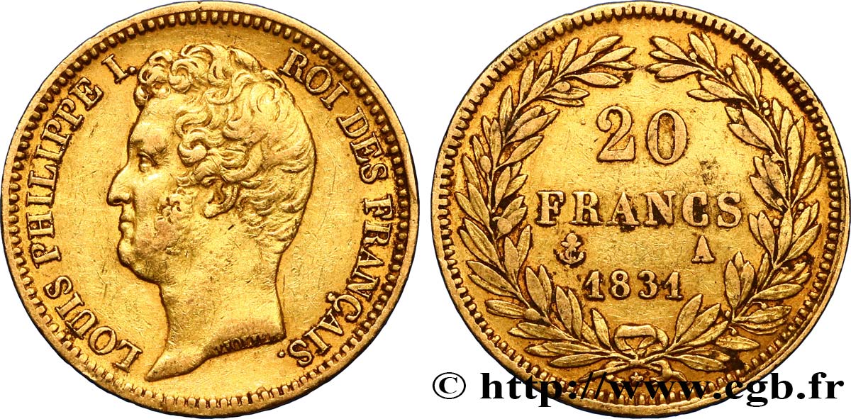 20 francs or Louis-Philippe, Tiolier, tranche inscrite en creux 1831 Paris F.524/2 TB38 