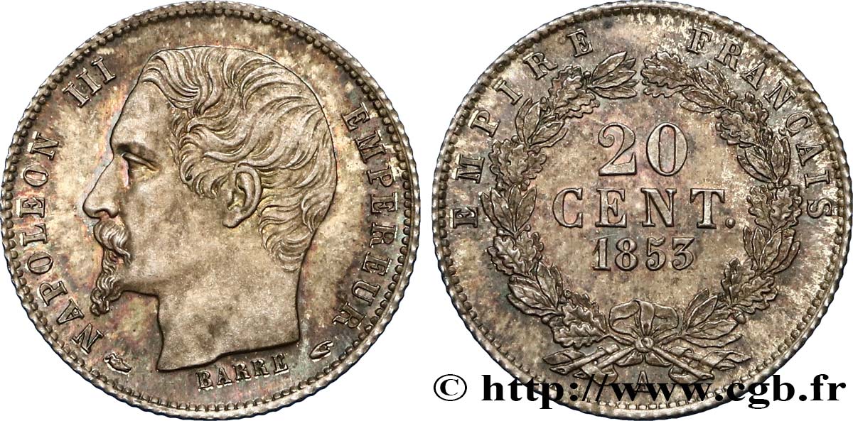 20 centimes Napoléon III, grosse tête, couronne composite de chêne et de laurier, Frappe d épreuve 1853 Paris F.147/1 var. ST67 