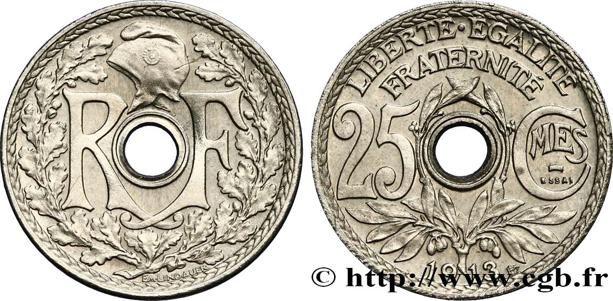 Essai de 25 centimes par Lindauer, Cmes souligné, petit module 1913 Paris GEM.77 2 VZ62 