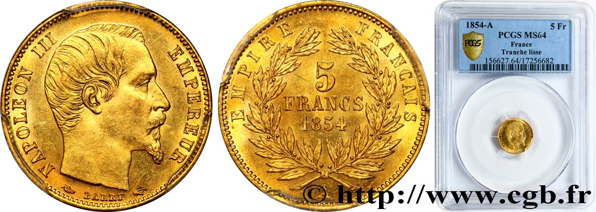 5 francs or Napoléon III, tête nue, petit module, tranche lisse 1854 Paris F.500/1 SPL64 PCGS
