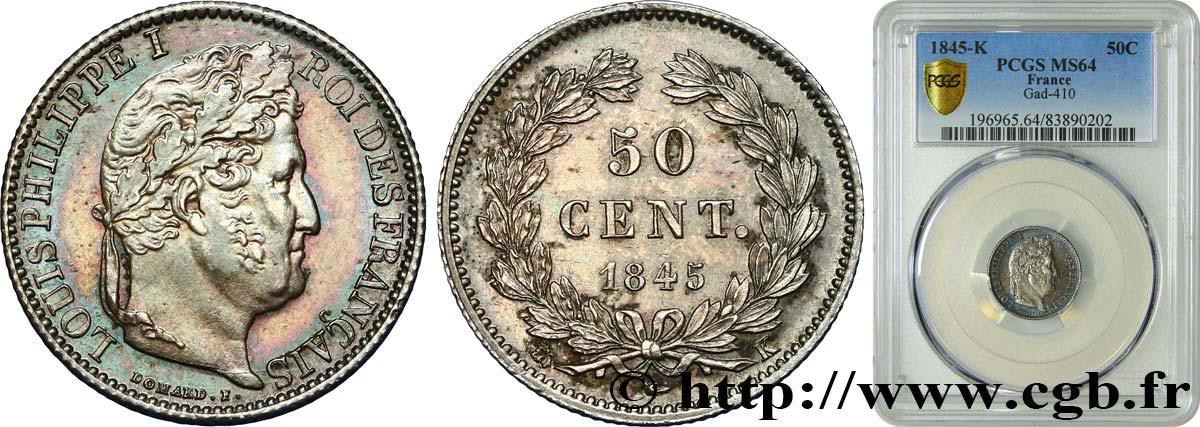 50 centimes Louis-Philippe 1845 Bordeaux F.183/5 MS64 PCGS