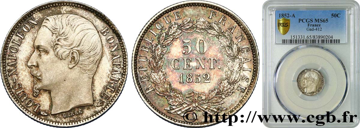 50 centimes Louis-Napoléon 1852 Paris F.185/1 FDC65 PCGS