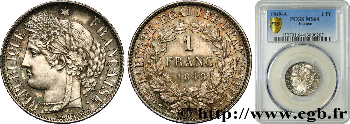 1 franc Cérès, IIe République 1849 Paris F.211/1 fST64 PCGS