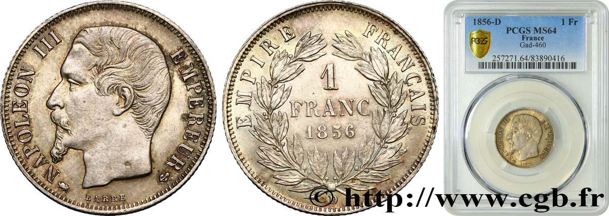 1 franc Napoléon III, tête nue 1856 Lyon F.214/9 SC64 PCGS