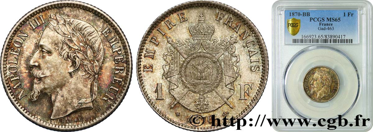1 franc Napoléon III, tête laurée 1870 Strasbourg F.215/16 FDC65 PCGS