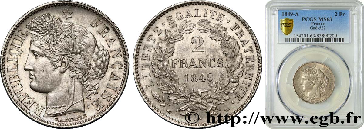 2 francs Cérès, IIe République 1849 Paris F.261/1 MS63 PCGS