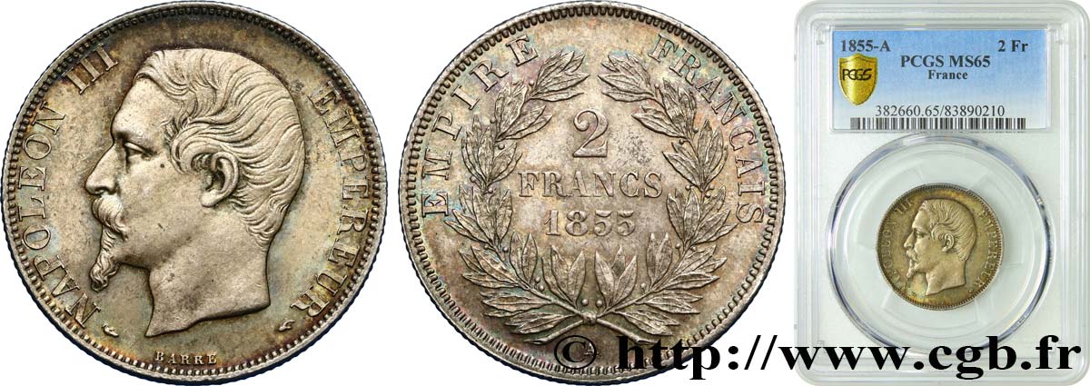 2 francs Napoléon III, tête nue 1855 Paris F.262/3 ST65 PCGS