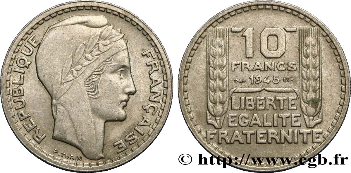 10 francs Turin, grosse tête, rameaux courts 1945  F.361A/1 XF45 
