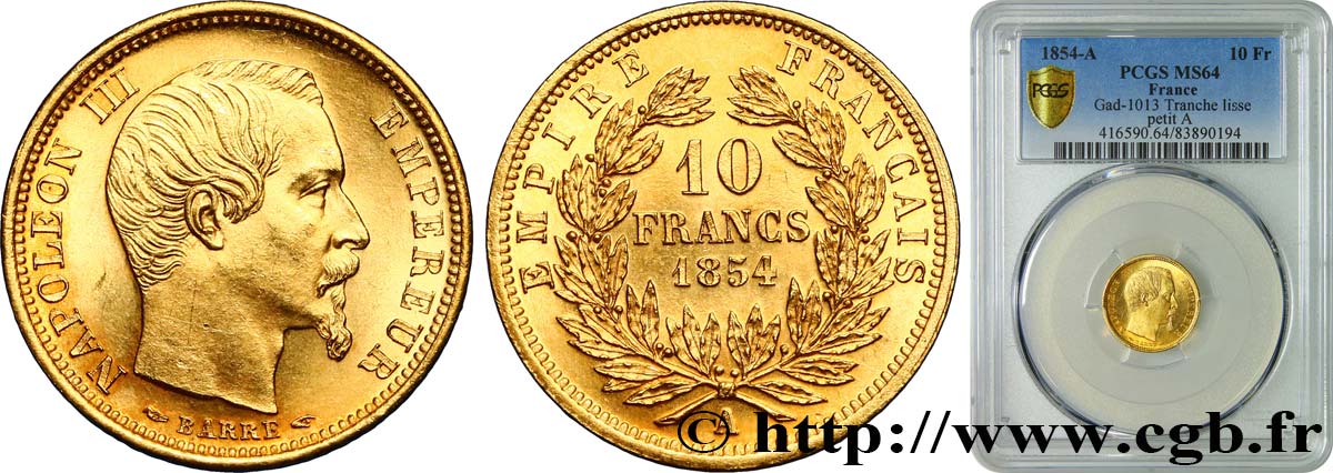 10 francs or Napoléon III tête nue, petit module, tranche lisse 1854 Paris F.505/1 SPL64 PCGS