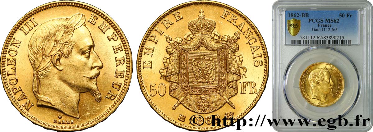 50 francs or Napoléon III, tête laurée 1862 Strasbourg F.548/2 VZ62 PCGS