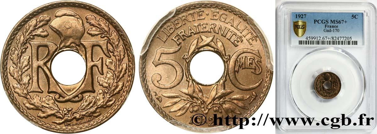 5 centimes Lindauer, petit module 1927  F.122/12 MS67 PCGS