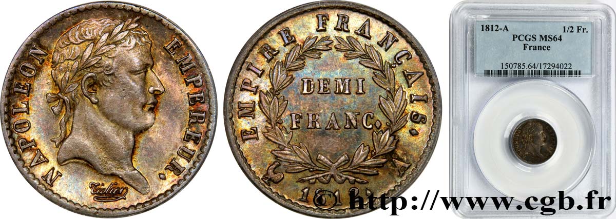 Demi-franc Napoléon Ier tête laurée, Empire français 1812 Paris F.178/35 fST64 PCGS