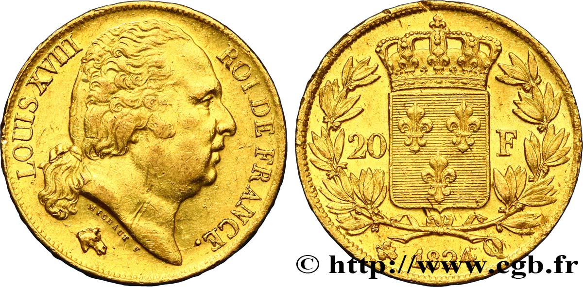 20 francs or Louis XVIII, tête nue 1824 Perpignan F.519/33 AU53 