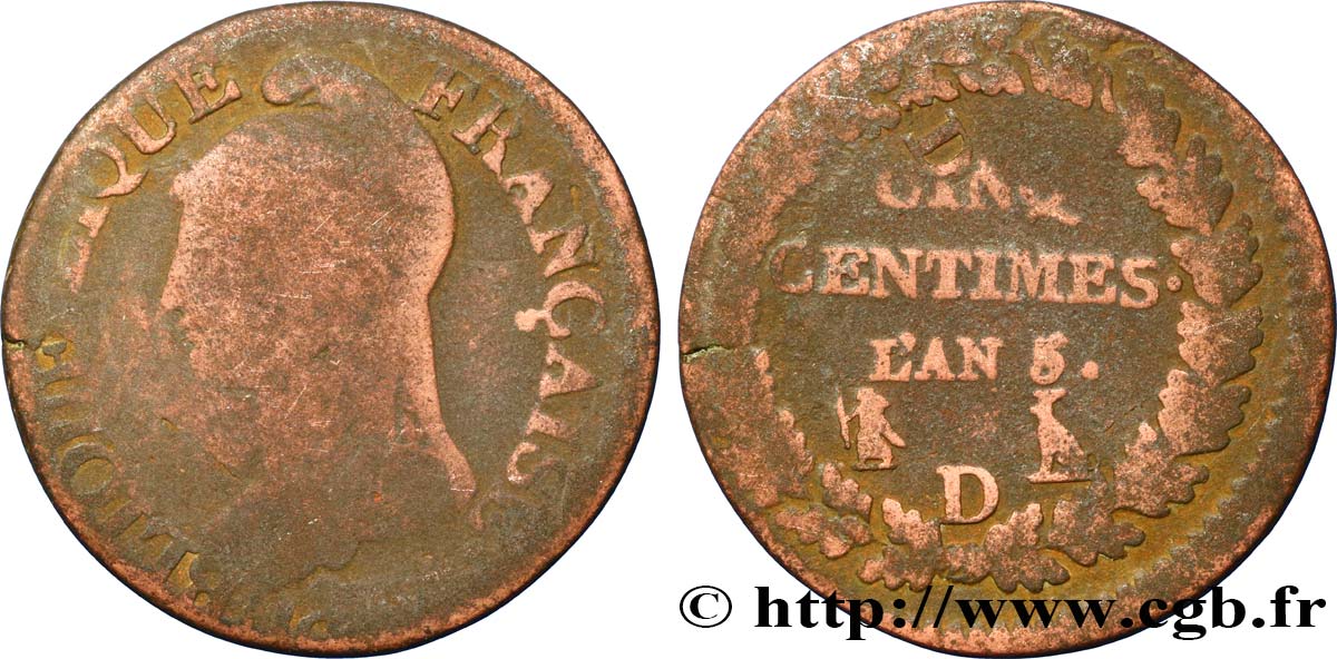 Cinq centimes Dupré, grand module,  refrappage  du décime 1797 Lyon F.114/7 B10 